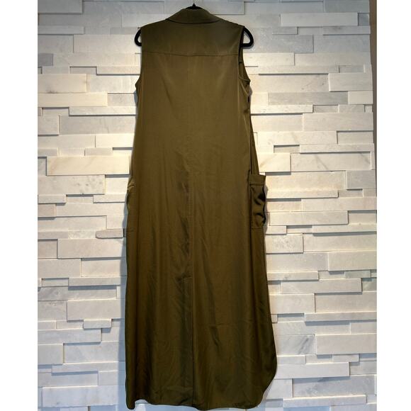 KAREN MILLEN Sleeveless Button Front Collared Olive Green Pleat Pocket Dress 10 - Picture 2 of 9